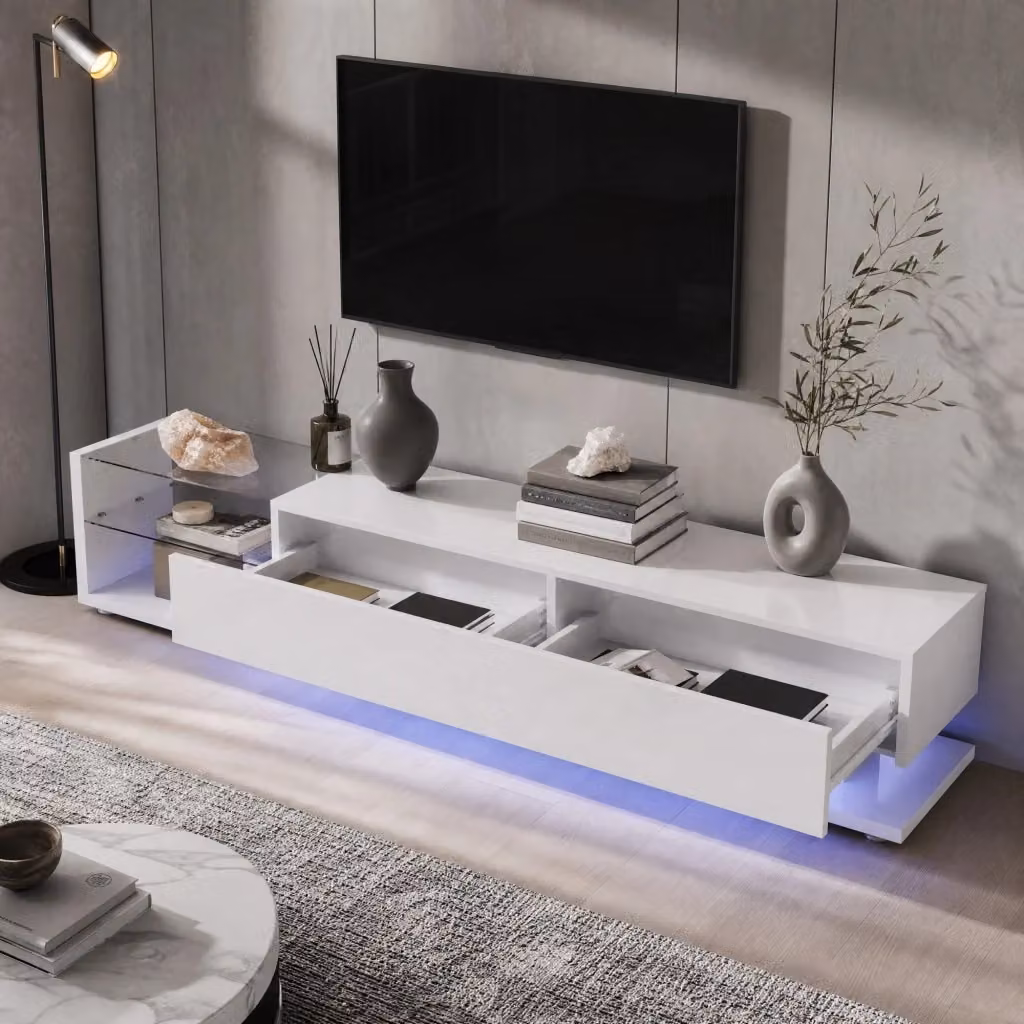 Mobile TV moderno Mivray bianco lucido con illuminazione LED integrata, 2 cassetti e 2 ripiani in vetro – 2