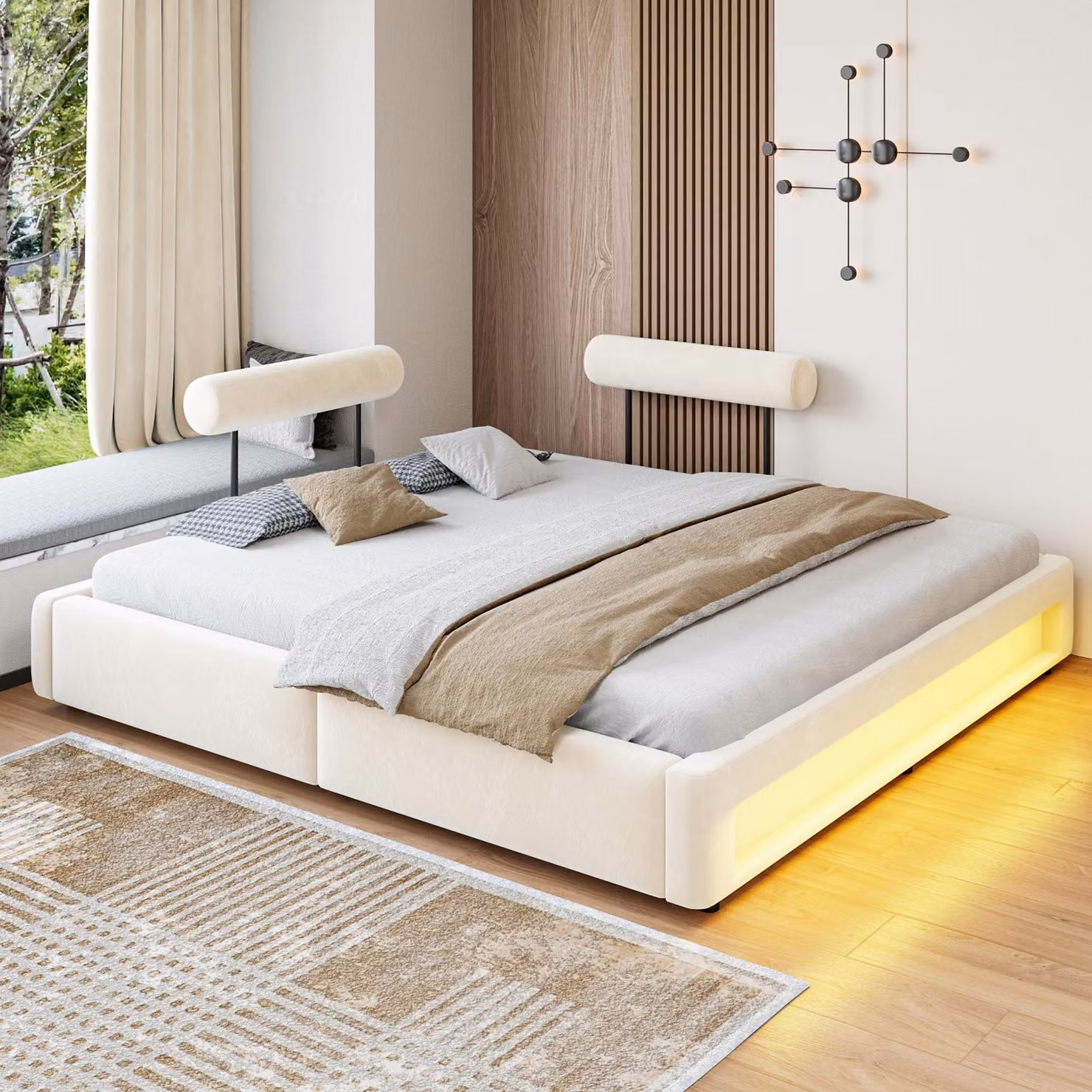 Letto imbottito 180 x 200 cm con schienale regolabile in 4 posizioni, illuminazione a LED, struttura del letto imbottita con 12 listelli, rivestito in velluto, colore beige