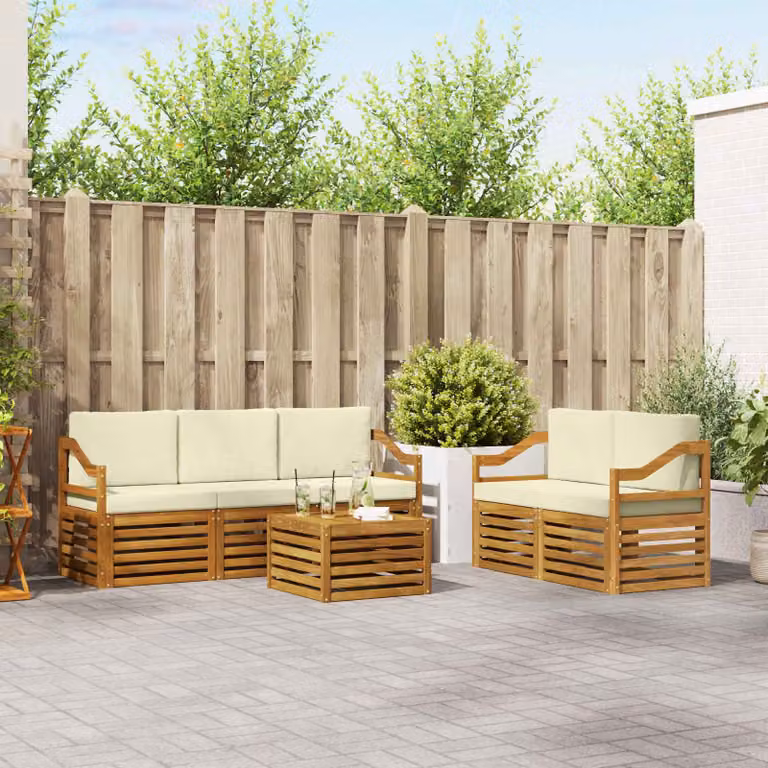 Set di divani da esterno vidaXL in legno di acacia con tavolino e cuscini, colore beige e bianco