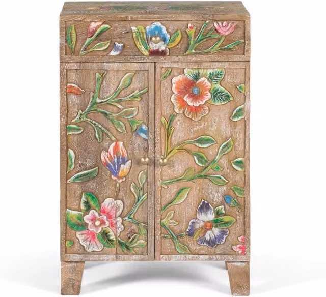 Credenza in legno di mango con dettagli floreali multicolore in stile boho per la tua sala da pranzo