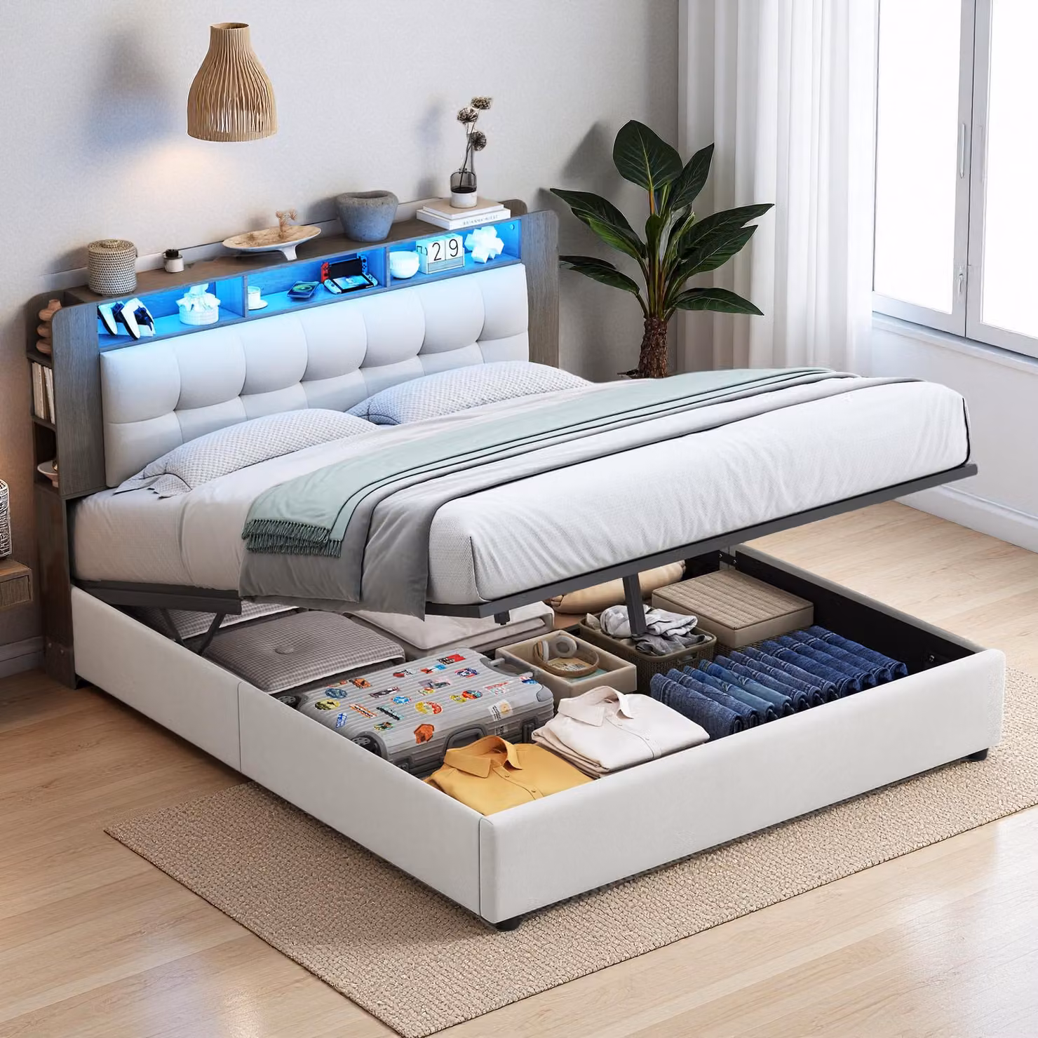 Letto imbottito Fortuna Lai 160x200 cm, letto contenitore idraulico con LED e USB, velluto, beige
