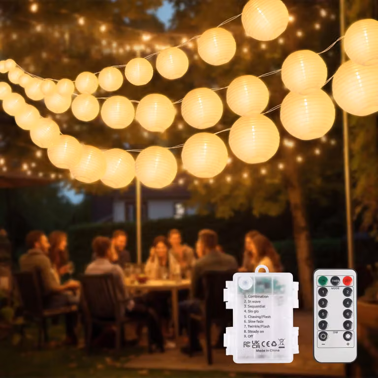 Catena luminosa a forma di lanterna, 8 metri, 20 LED, luce bianco caldo, alimentazione a batteria, con telecomando
