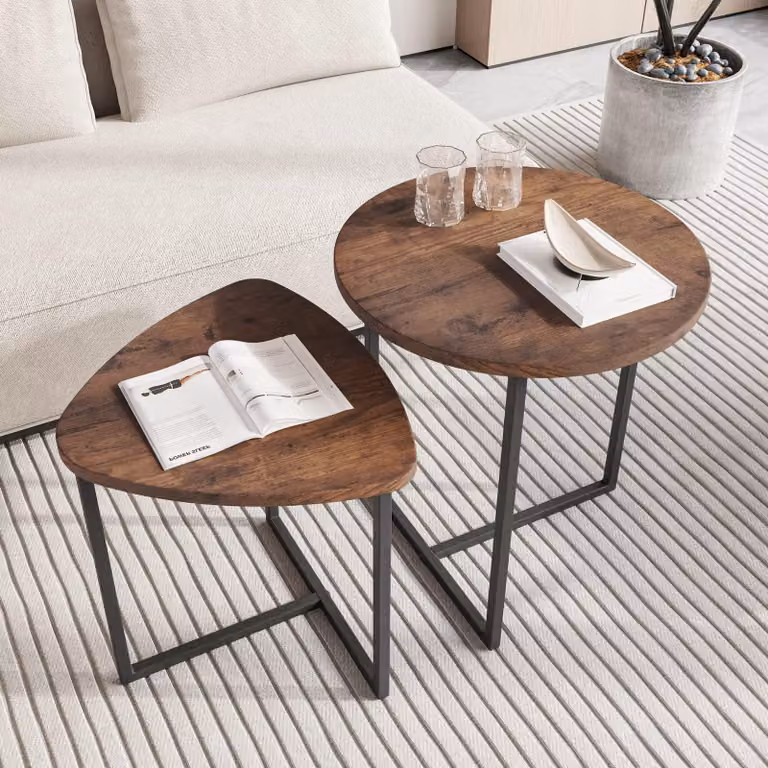 Omgoods - Set di 2 tavolini rotondi con piano in metallo e legno