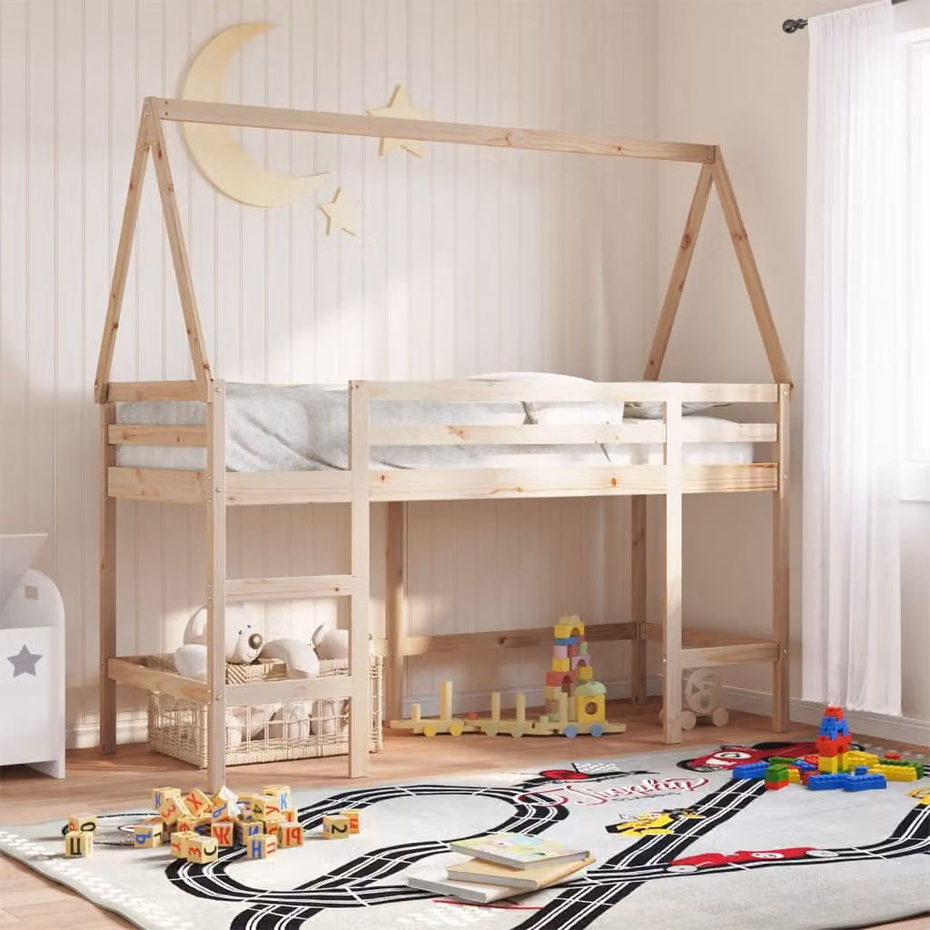 Letto Soppalco per Bambini con Tetto e Scala vidaXL in Legno Massello di Pino L: 200 cm, P: 80 cm, H: 178.5 cm – 1
