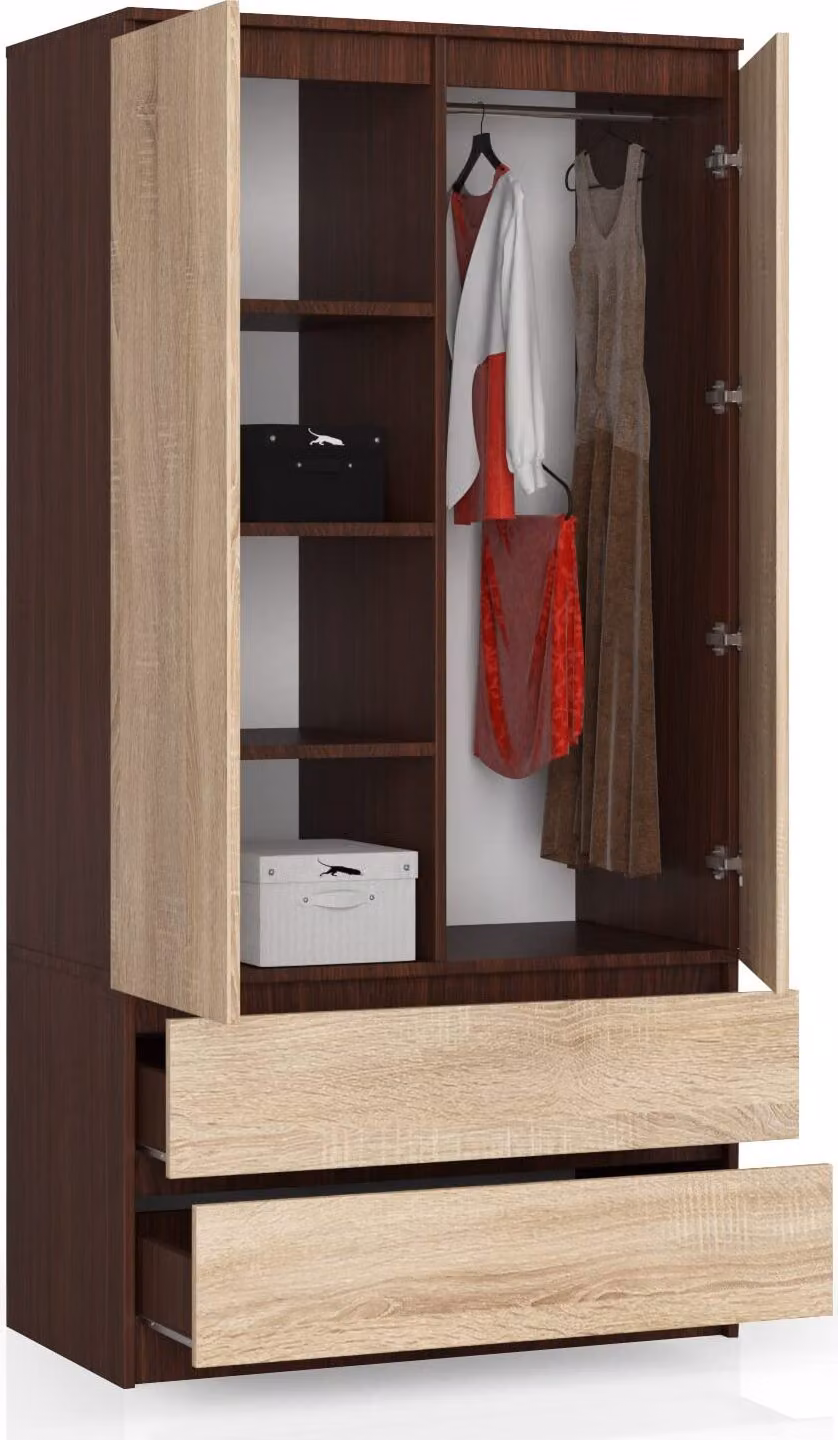 BDW, armadio 2 ante, 2 cassetti, 180x90x51 cm, wengé / rovere Sonoma