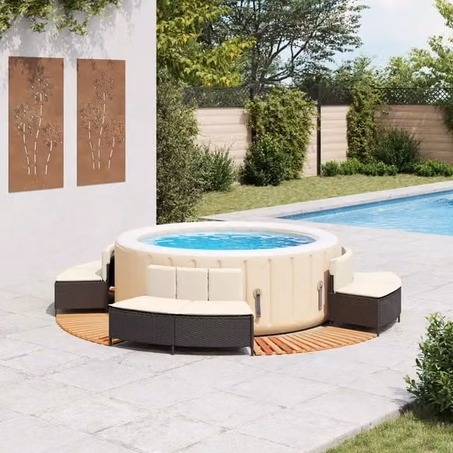 Bordo per Spa Nero in Polyrattan e Legno Massello di Acacia 3270638