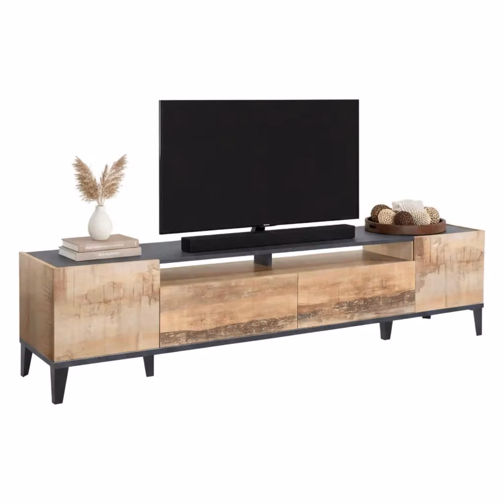 Mobile da soggiorno DMORA Porta Abina con 2 ante e 2 cassetti, Ardesia e Acero, L: 200 cm, P: 40 cm, H: 47 cm – 2