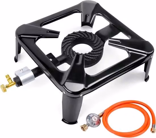 Fornello a Gas Portatile da Campeggio Outsunny da 8 kW in Metallo Nero con Piastra in Ghisa e Pedane Rimovibili