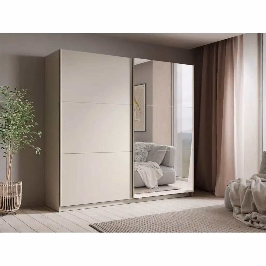Armadio Venezia Meublorama con ante scorrevoli, illuminazione LED integrata e specchi, finitura opaca bianco e beige, L: 221 cm, H: 207 cm, P: 60 cm – 2