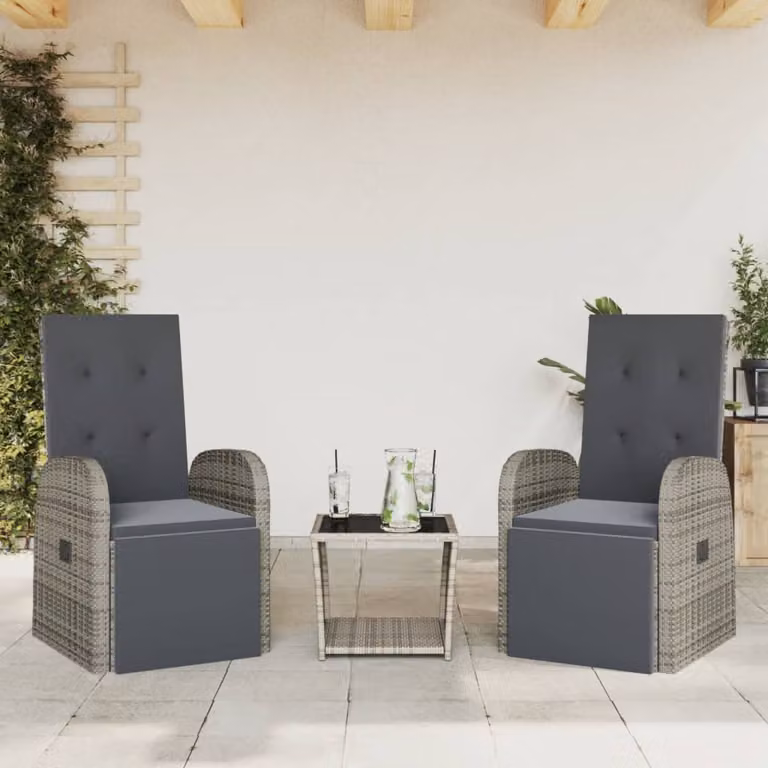 Set da Pranzo da Giardino 3 pz vidaXL in Polyrattan e Metallo con Piano in Vetro e Cuscini Grigio e Nero