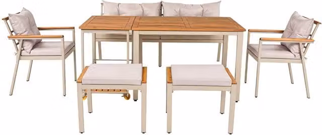 Set da giardino GL Store per 7 persone in legno di acacia con tavolo rettangolare, poltrone imbottite e carrello portavivande rimovibile, Beige e Multicolore