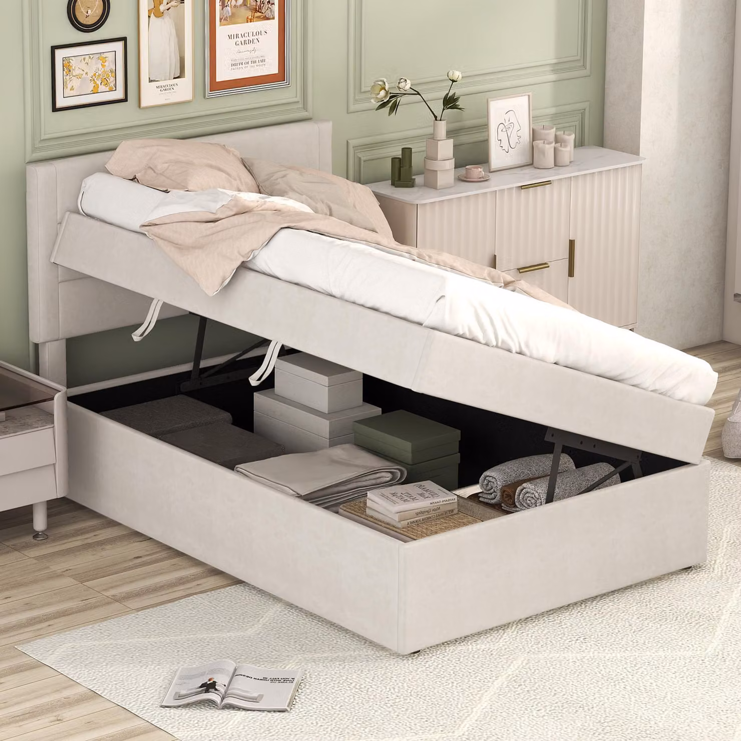 Letto imbottito, 90 x 200, Letto singolo con rete a doghe in metallo, Ampio spazio di archiviazione, Senza materasso, Beige, 200x90cm.
