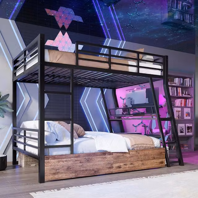 Letto a castello 140x200cm - Xylo - nero, LED, scrivania, metallo EN747