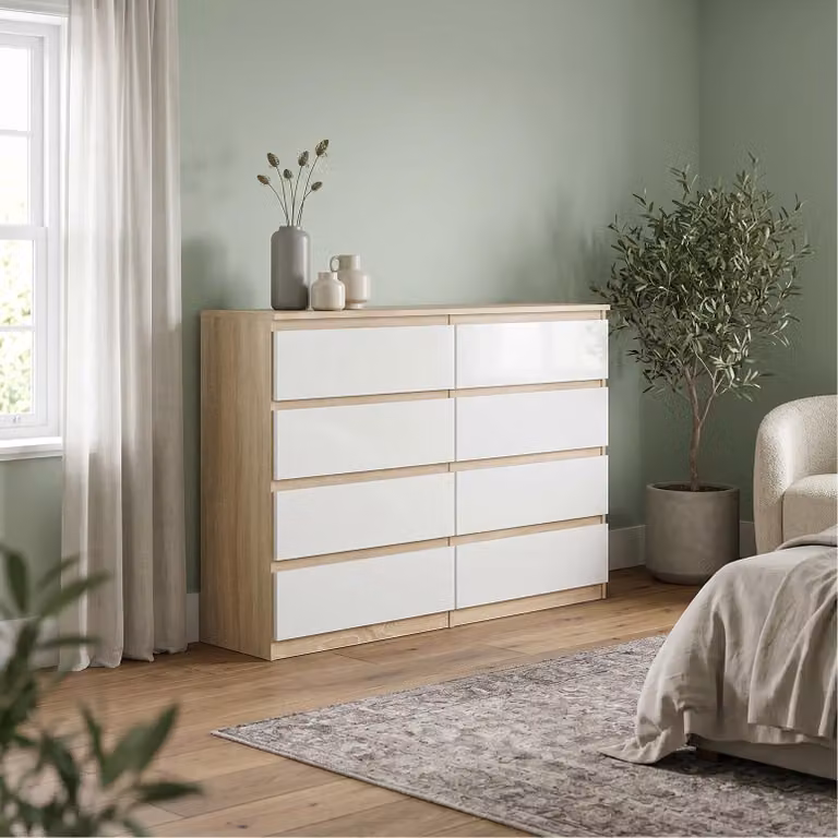 Comodà Masseno NUDO da 138,5 cm con 8 cassetti e ante, per soggiorno e camera da letto, stile moderno, 138,5 x 39 x 101,5 cm, rovere Sonoma / bianco