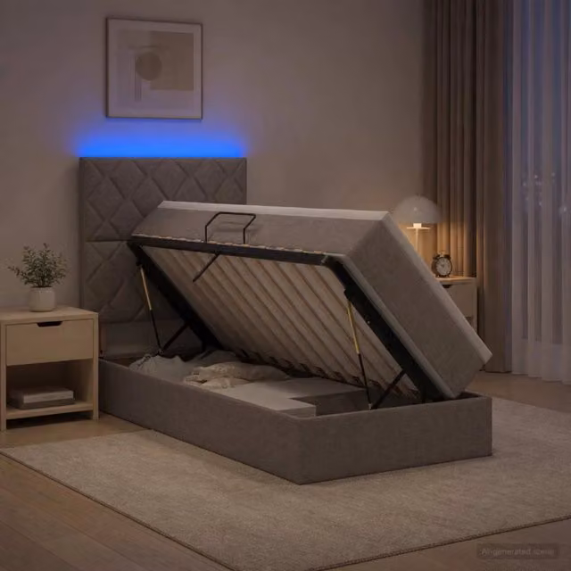 Letto con contenitore e materasso vidaXL in tessuto beige e grigio con illuminazione LED e porte USB, L/P: 100 x 200 cm – 1
