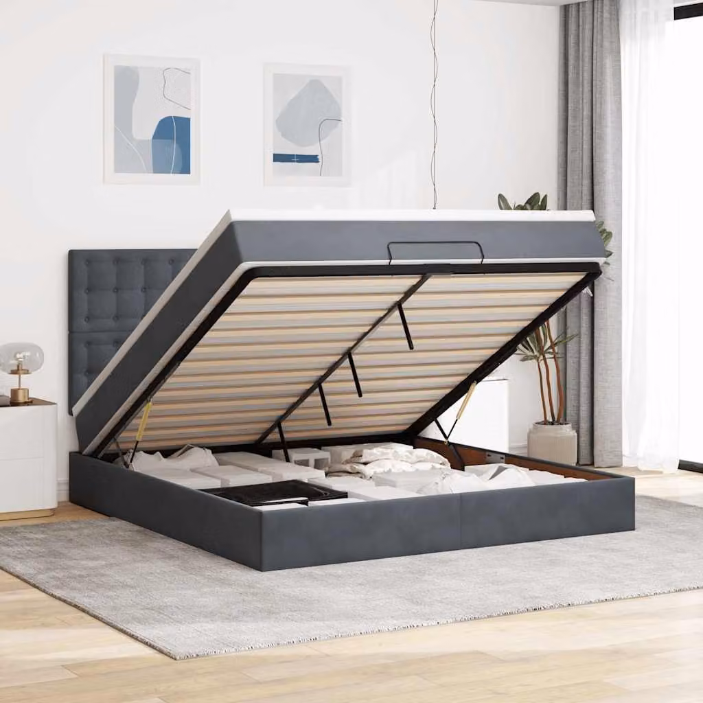 Letto con contenitore a sollevamento vidaXL in velluto con materassi, L: 180 cm, P: 200 cm, H: 128 cm, 203 cm, 280 cm, Grigio e Bianco