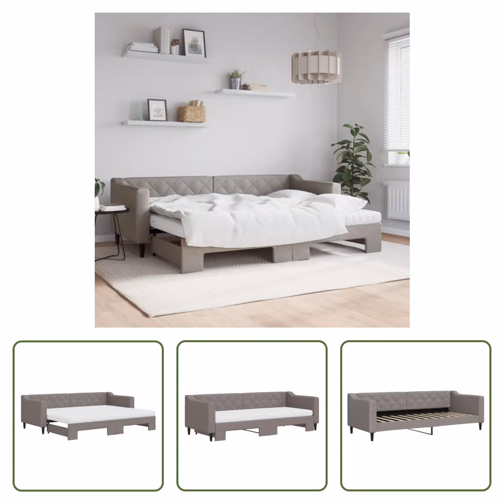 The Living Store Letto da giorno allungabile con materassi Taupe 80x200 cm in tessuto