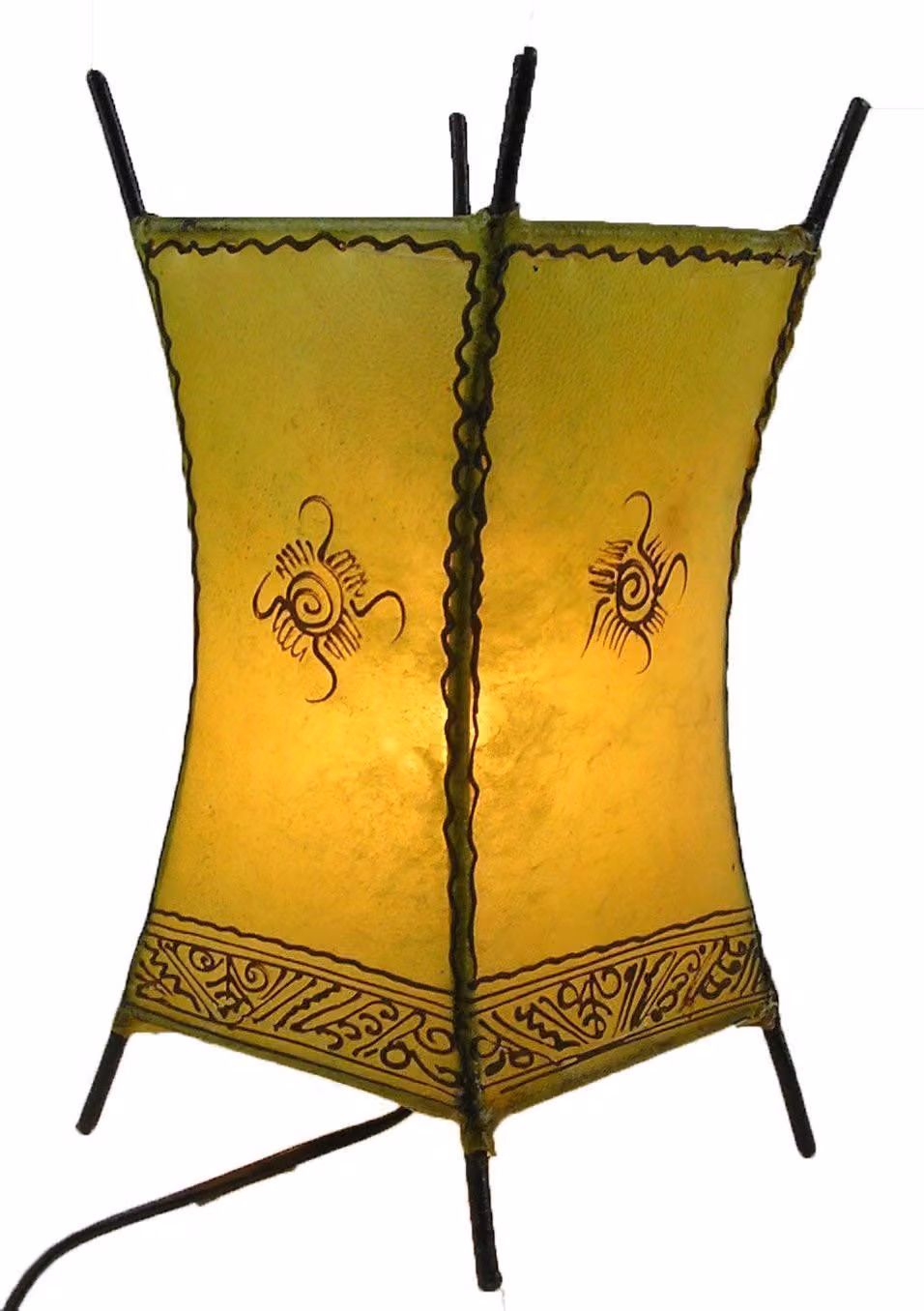 Lampada orientale, lampada in legno di henne, lampada in pelle marocchina, lampada da tavolo, lampada da terra. Carree Sonne, 30 cm: colore giallo