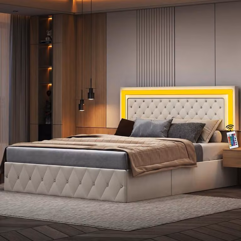 Letto matrimoniale ProximaX 140x200 cm con contenitore idraulico, velluto beige, illuminazione a LED RGB, trapuntatura con bottoni in cristallo, letto con contenitore