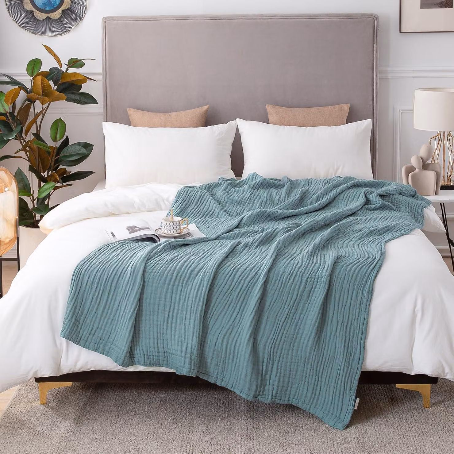 Coperta in cotone mussola, 230 x 230 cm, blu-verde, prelavata, traspirante