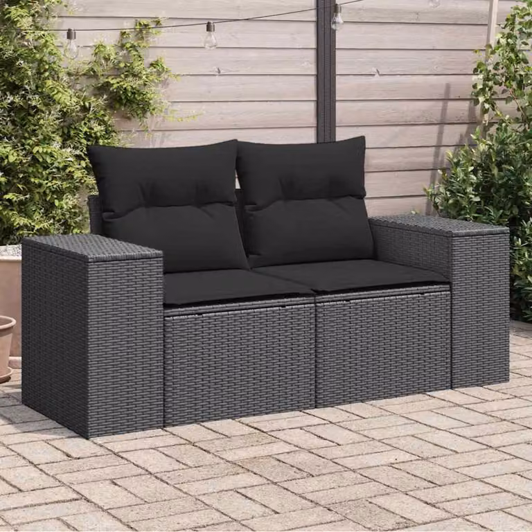 vidaXL Divano da giardino a 2 posti in polyrattan nero con cuscini imbottiti e coperture rimovibili