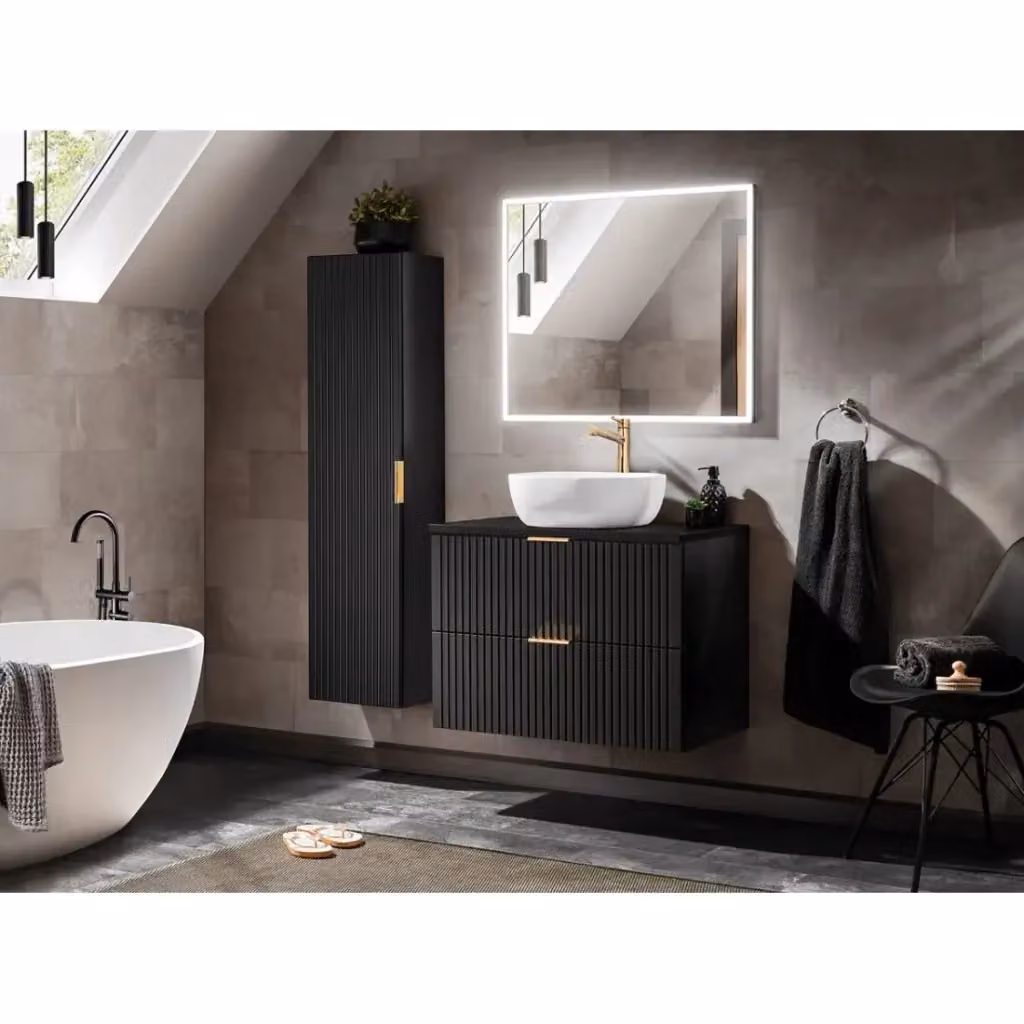 Set bagno sospeso Meublorama NOXERA nero opaco composto da mobile sottolavabo, specchio con illuminazione LED e colonna alta – 2