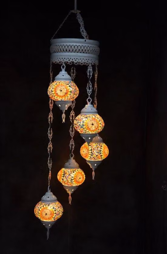 Lampada a sospensione in vetro colorato con 5 sfere a mosaico in stile orientale, lampada da soffitto marocchina, 120 cm