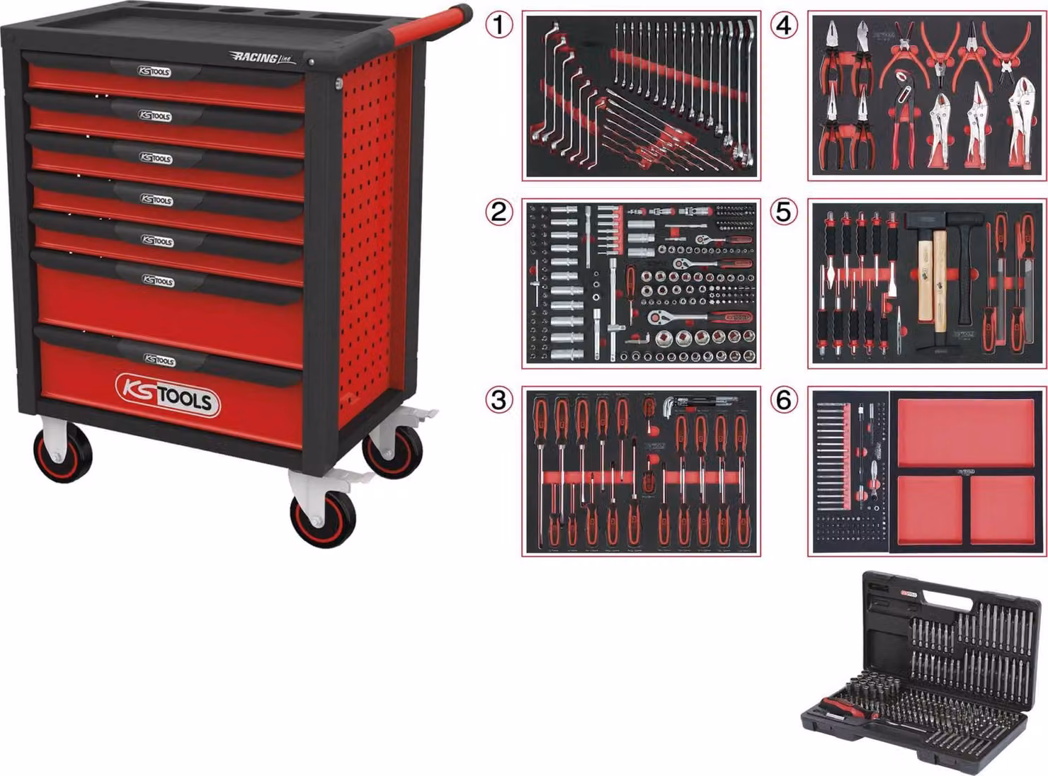 KS Tools RACINGline SCHWARZ/ROT Carrello da officina con 7 cassetti