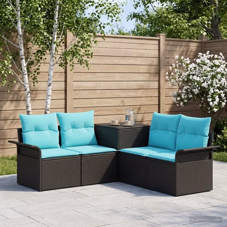 Set di divani da giardino vidaXL a forma di L con 5 pezzi, colore nero e blu, in rattan sintetico e acciaio verniciato a polvere con cuscini inclusi