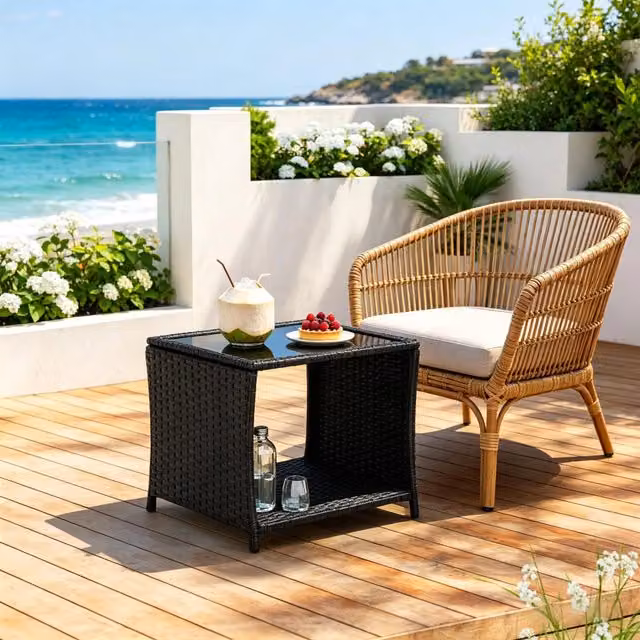 Tavolo da giardino moderno REDOM in polyrattan nero con vano portaoggetti e piano in vetro L/P/H: 45 x 45 x 40 cm – 1