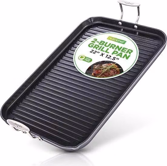 Pentola a griglia per forno - Piastra a anse antiscivolo - Adatta per fornelli a due fuochi - Realizzata in alluminio anodizzato resistente - Ideale per cotture fino a 260°C