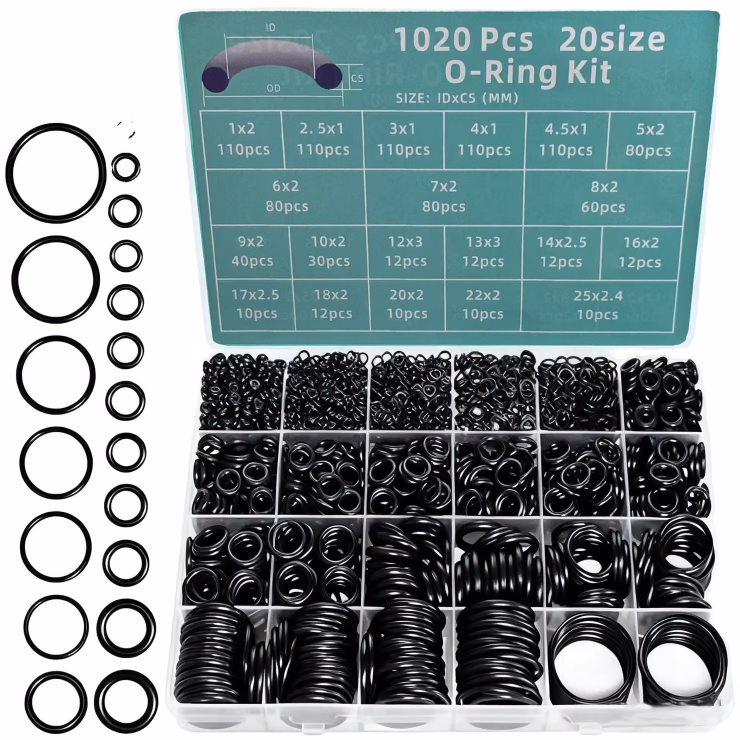 Kit di riparazione per guarnizioni O-ring, 1020 pezzi, materiale in gomma siliconica, varie dimensioni, adatto per applicazioni di riparazione, previene le perdite