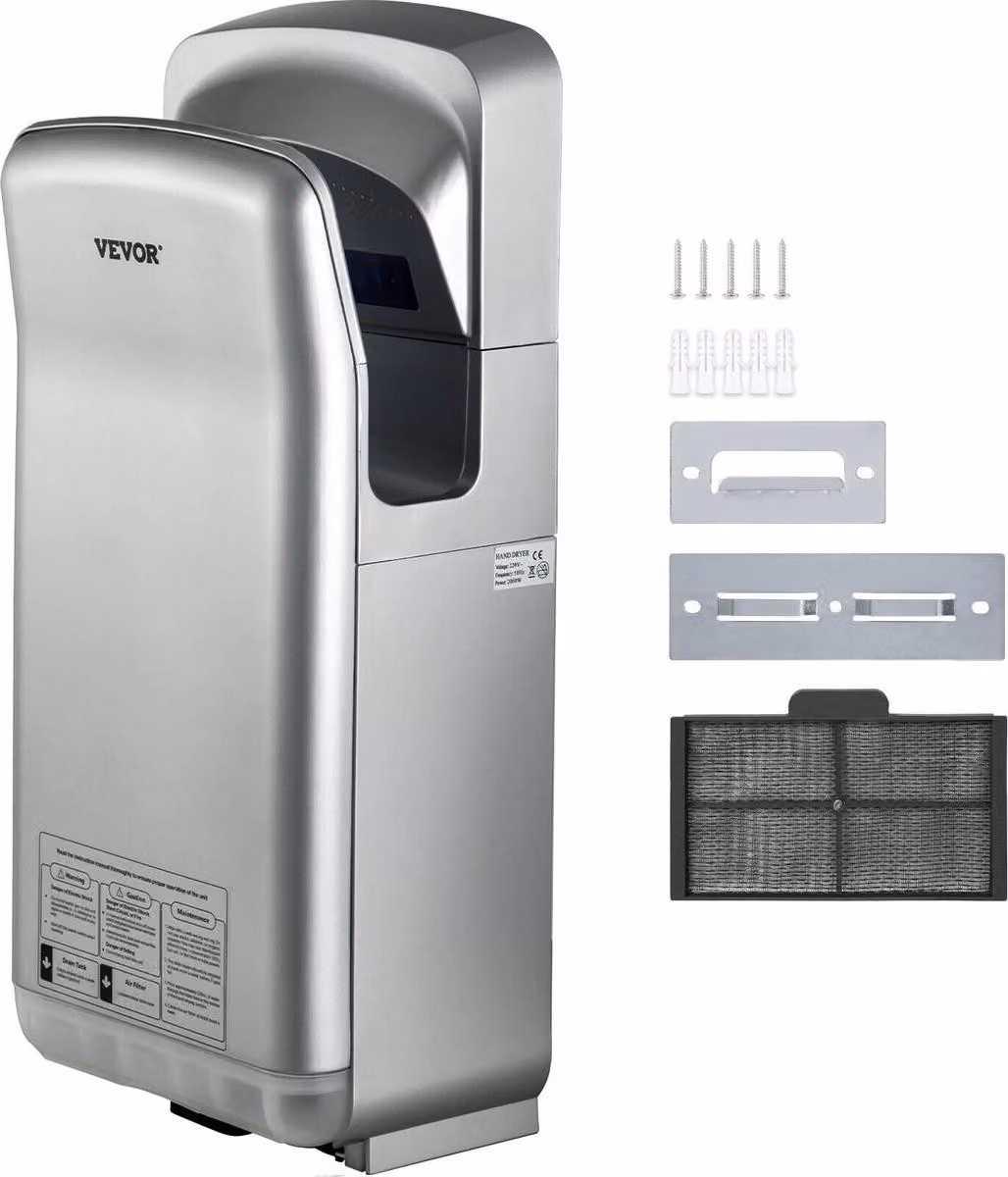 Asciugamani elettrico a getto d'aria, asciugamani elettrico commerciale premium a lama, asciugamani ad aria con filtro HEPA, asciugamani da parete, asciugamani verticale 2000 W 220 V, infrarossi automatico ad alta velocità argento