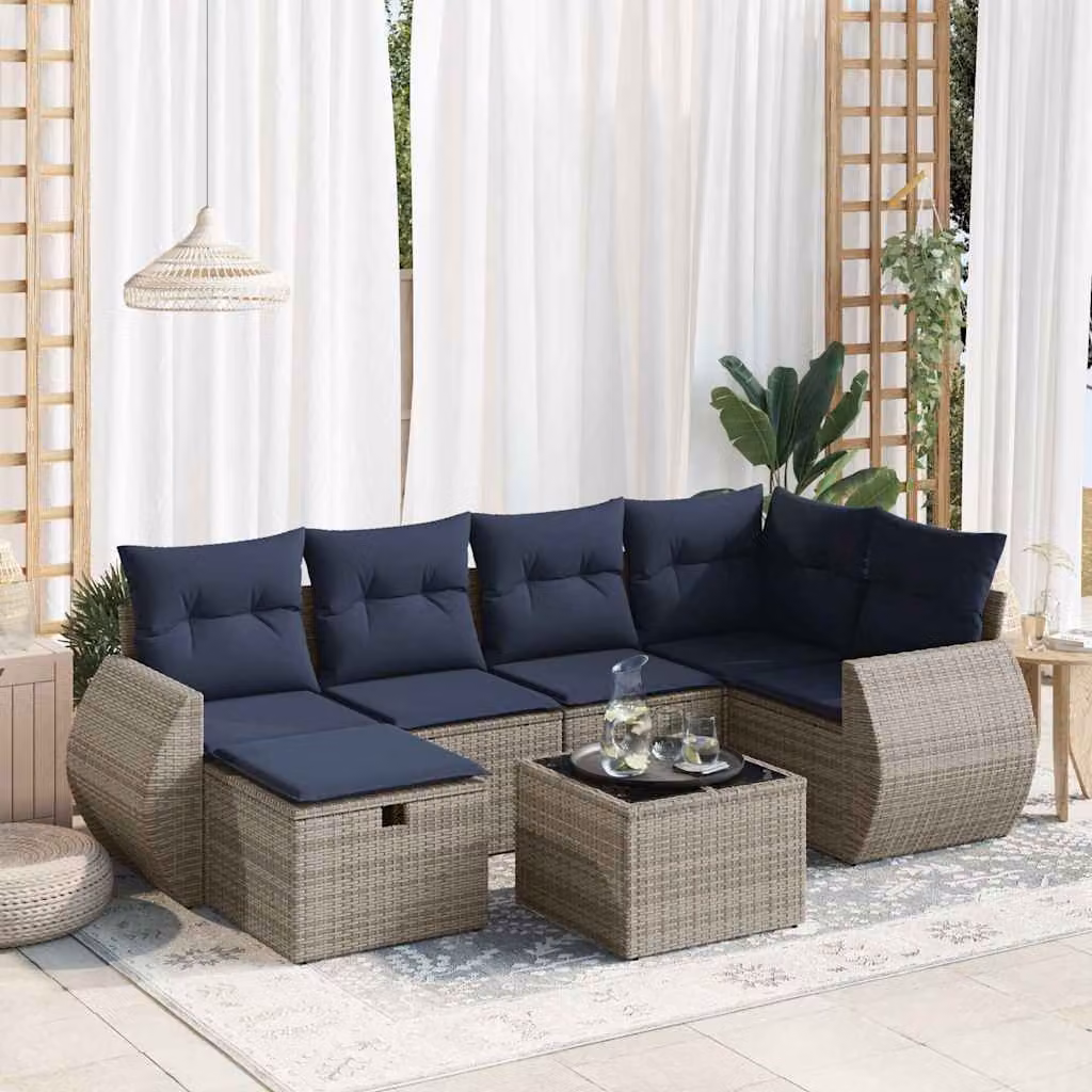 Set Divani da Giardino vidaXL 7 Pezzi in Polyrattan Grigio con Cuscini e Tavolino da Esterno