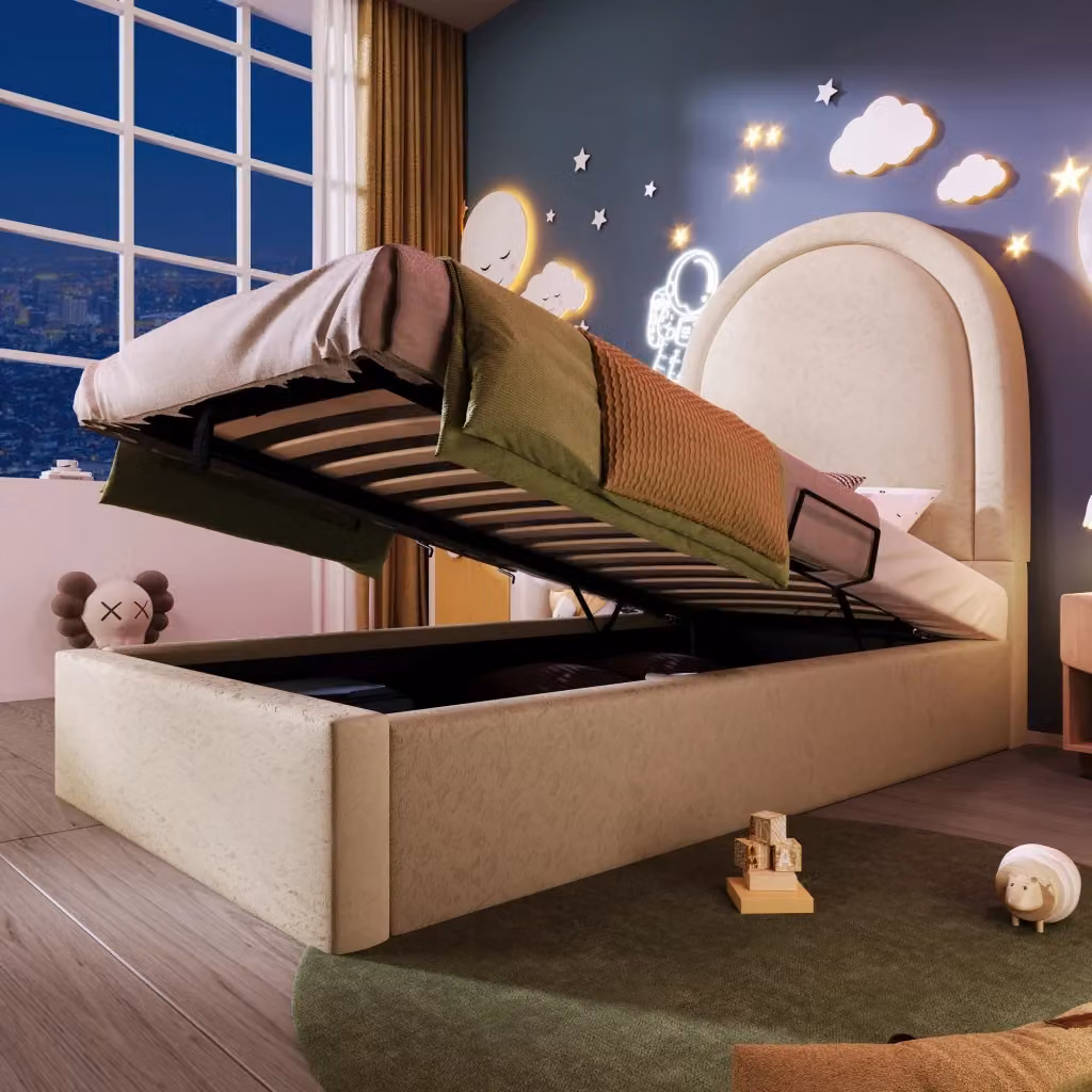 Letto singolo con contenitore Mivray imbottito in ecopelle beige con materasso ibrido L/P/H: 90 x 200 x 3 cm – 2