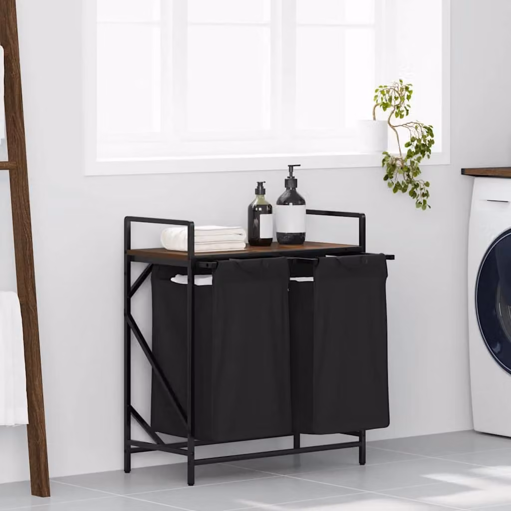 vidaXL Cesto della Biancheria a 2 Scomparti con Ripiano, Marrone e Nero, L/P/H: 77 x 67 x 33 cm