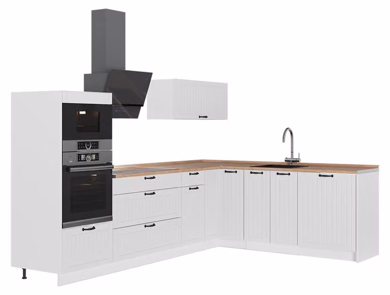 Cucina angolare completa Vicco Fame-Line Bianco rustico/Bianco 287 x 207 cm, PL Rovere, Model 63550