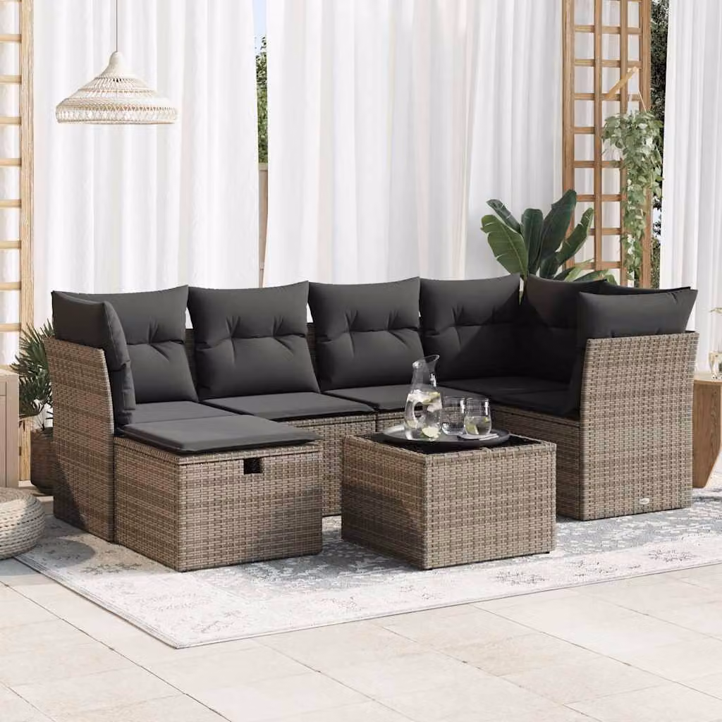 Set di divani da giardino vidaXL in polyrattan grigio con cuscini, tavolino e pouf, design moderno a forma di L per terrazzo o balcone