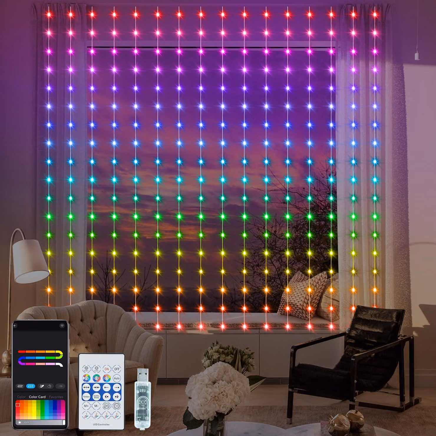 Tenda luminosa, dimensioni 2,4 x 1,8 m, 144 LED, RGB, controllo tramite app e telecomando, alimentazione USB, grado di protezione IP68