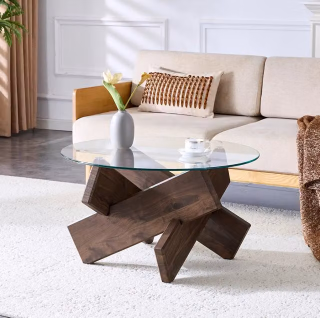 Tavolino da caffè rotondo in MDF effetto noce e vetro, Ø 79 cm