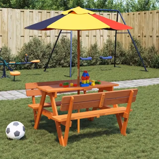 Tavolo da picnic per 4 bambini vidaXL in legno di abete con ombrellone, marrone e multicolore, L: 200 cm, P: 108 cm, H: 90 cm