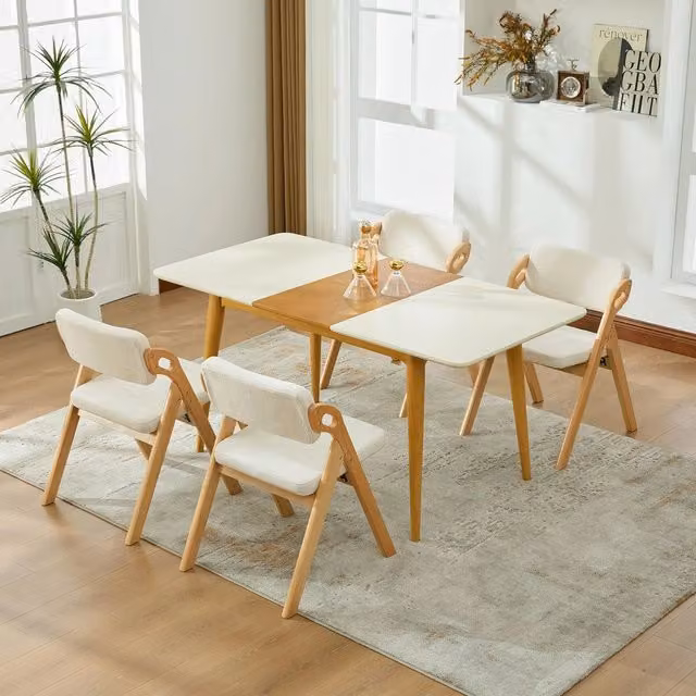 Set 4 Sedie da Pranzo Imbottite ¨C Minimal ¨C Beige, Legno Massello Faggio, Pieghevoli e Impilabili