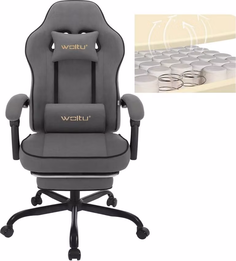 Sedia da gaming WOLTU con cuscino a molle insacchettate, sedia girevole ergonomica, tessuto tecnico, grigio