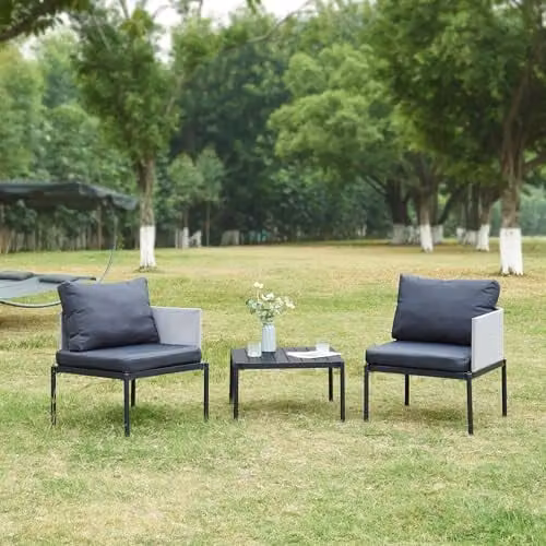 casa.pro Set Mobili da Giardino Tavolino con Piano Quadrato e 2 Poltrone con Cuscini Arredo Esterno da Conversazioni Mobili Impilabili Salvaspazio