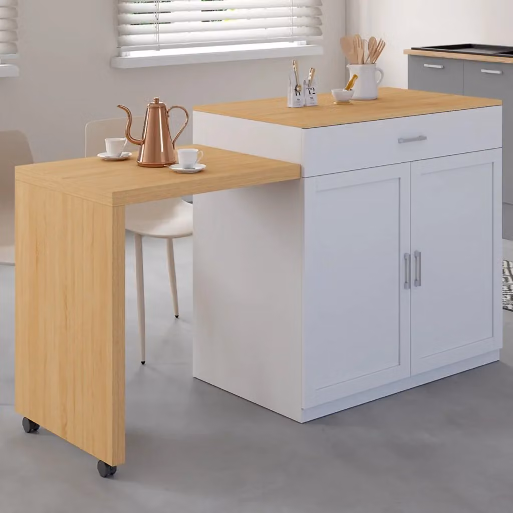 Isola centrale IDMarket VITO con tavolo da pranzo integrato allungabile in legno bianco e finitura faggio – 2