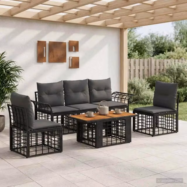 Set da giardino vidaXL in polyrattan composto da 6 pezzi con divani e tavolino, colori nero e grigio scuro