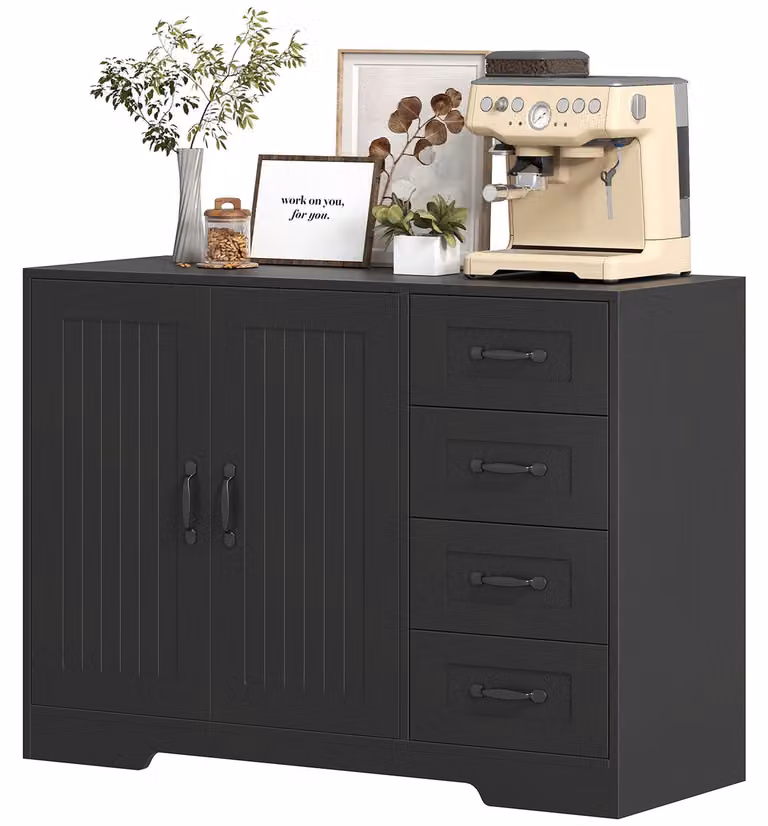 Comodino – Comodino moderno nero con 4 cassetti e un vano chiuso | Colore: Nero | Dimensioni: 105x40x76 cm