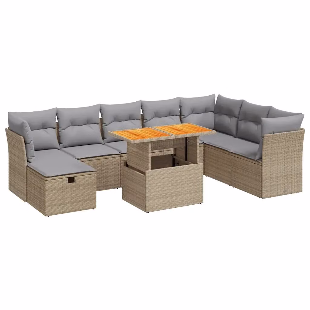 Set Divano da Giardino a Forma a U vidaXL in Polyrattan e Legno di Acacia con 9 Pezzi e Cuscini Beige e Grigio – 2