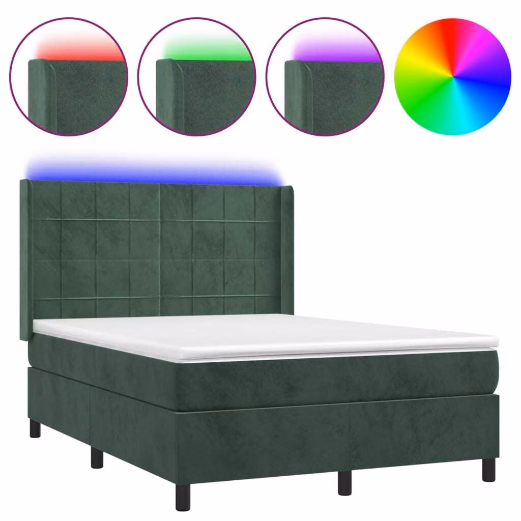 Letto a Molle con Materasso e LED Verde Scuro 140x190cm Velluto