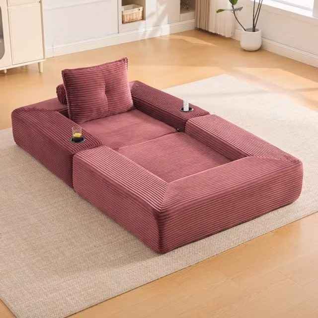 Divano letto modulare con tasche laterali e portabicchieri in velluto a coste rosso vino 122 × 98 × 80 cm